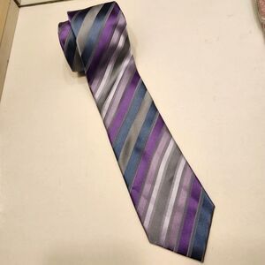 KENNETH COLE REACTION Men's Tie Purple Blue Gray Striped 100% Silk